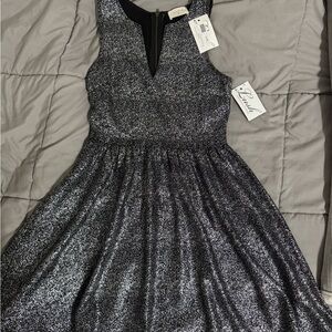 Everly Black and Silver Pleated Mini Dress